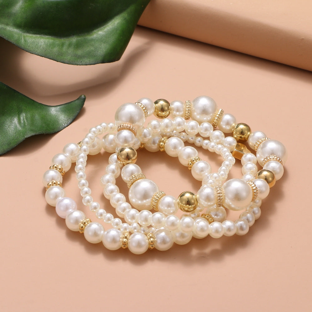 Elegant Geometric Imitation Pearl Unisex Bracelet Set - 4-Piece European and American Style Luxury Jewelry