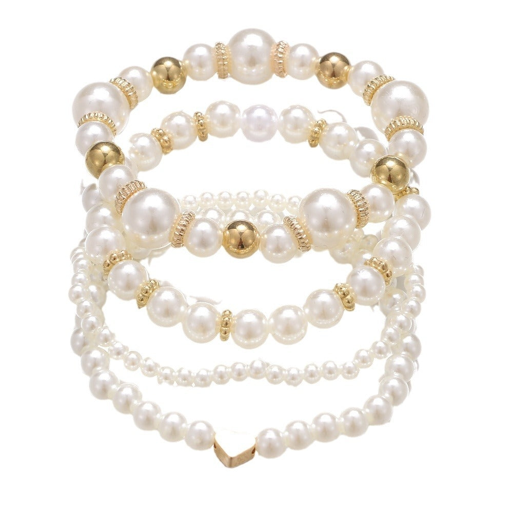 Elegant Geometric Imitation Pearl Unisex Bracelet Set - 4-Piece European and American Style Luxury Jewelry