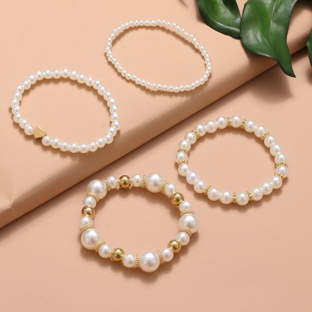 Elegant Geometric Imitation Pearl Unisex Bracelet Set - 4-Piece European and American Style Luxury Jewelry