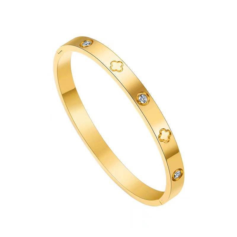 Elegant 18K Gold Plated Stainless Steel Bangle and Titanium Steel Diamond Bracelet Set