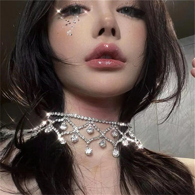 Elegant Rhinestone Inlay Silver Plated Women's Choker Necklace with Tassel Design