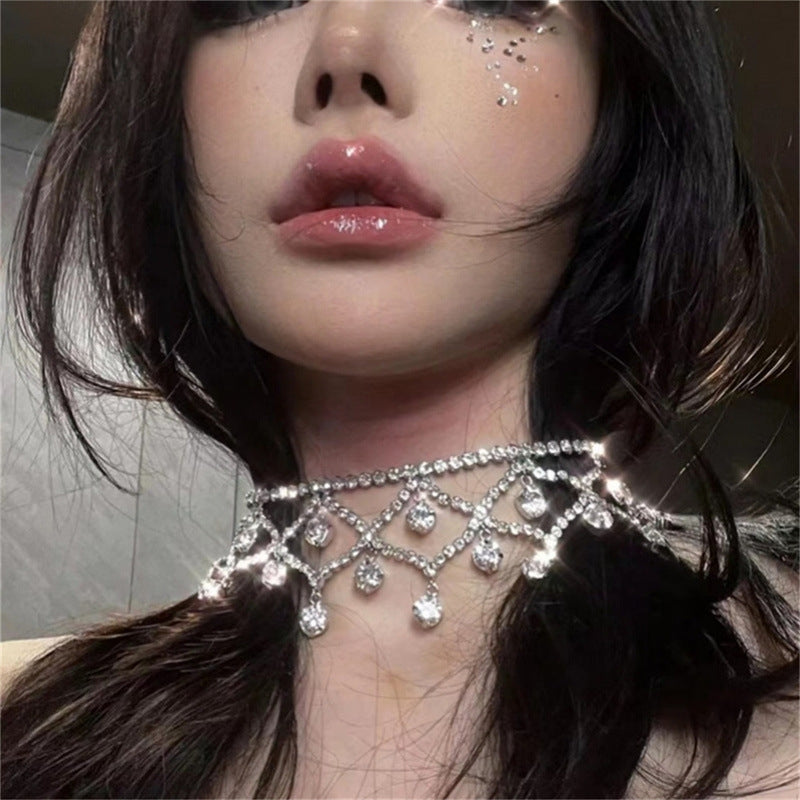 Elegant Rhinestone Inlay Silver Plated Women's Choker Necklace with Tassel Design