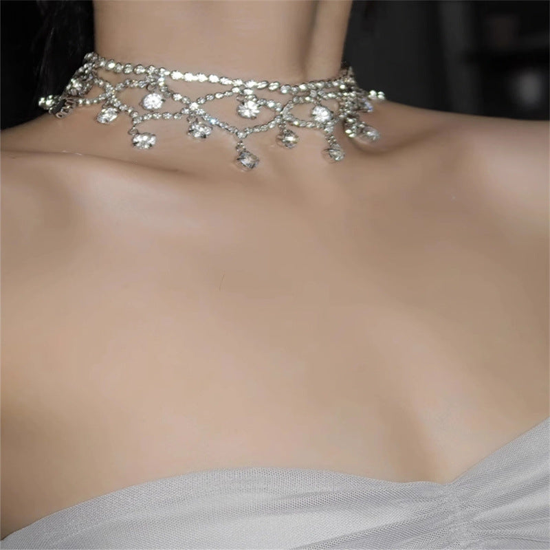 Elegant Rhinestone Inlay Silver Plated Women's Choker Necklace with Tassel Design