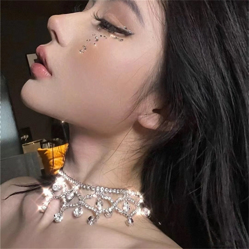 Elegant Rhinestone Inlay Silver Plated Women's Choker Necklace with Tassel Design