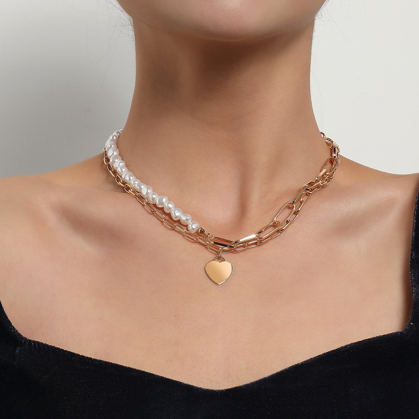 Elegant Heart Shape Pearl Double Layer Necklace for Women