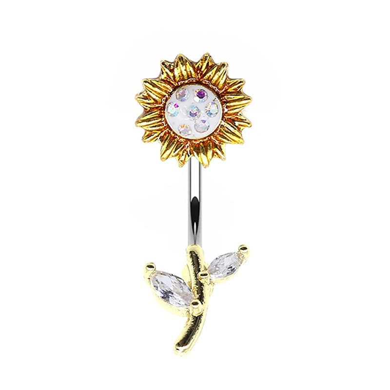 Elegant Sunflower Maple Leaf Rhinestone Inlay Belly Ring - Stainless Steel and Copper with White Gold Plating