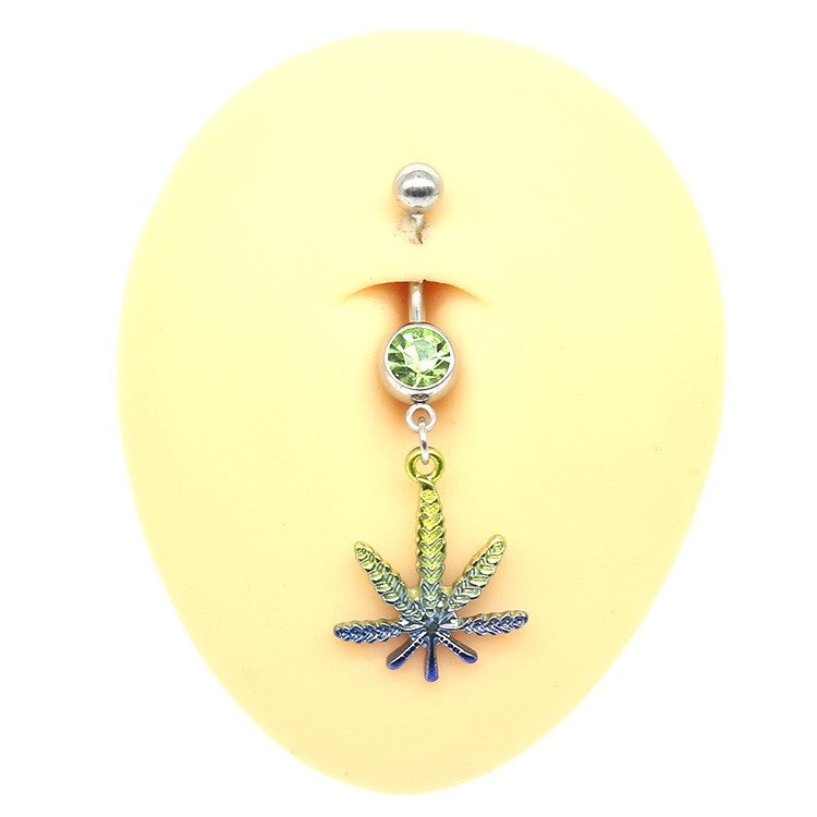 Elegant Sunflower Maple Leaf Rhinestone Inlay Belly Ring - Stainless Steel and Copper with White Gold Plating