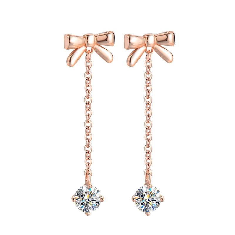 Elegant Bow Knot Sterling Silver Moissanite Long Drop Earrings in Rose Gold