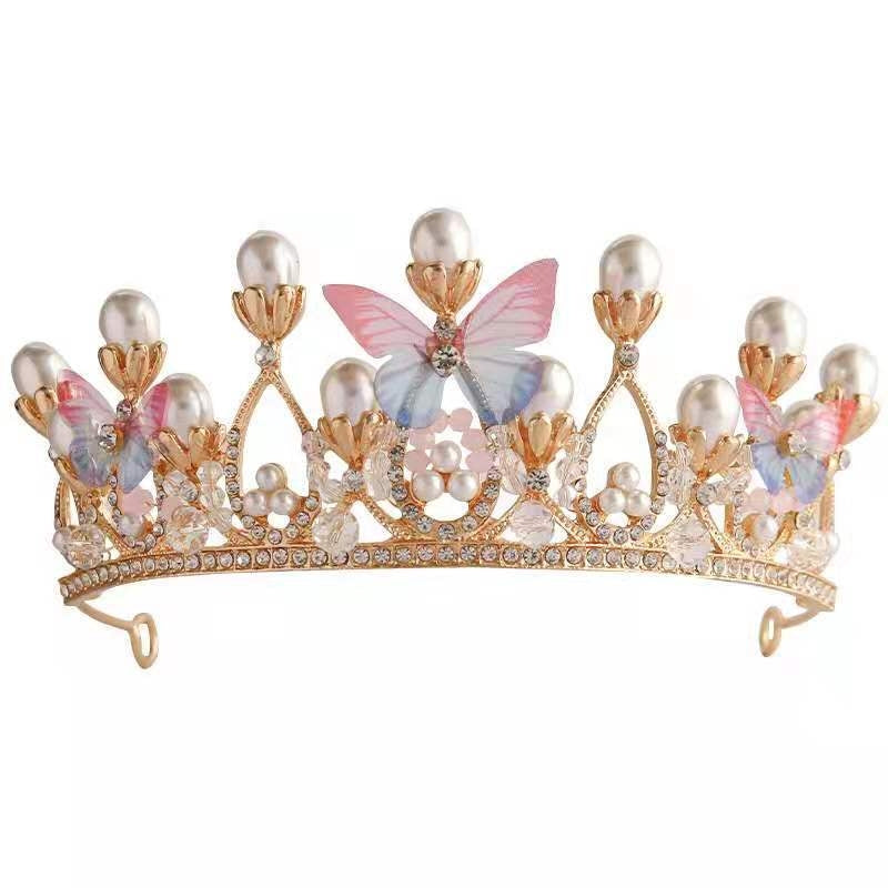 Elegant Rhinestone Pearl Tiara for Girls - Handmade Crystal Butterfly Crown Accessories