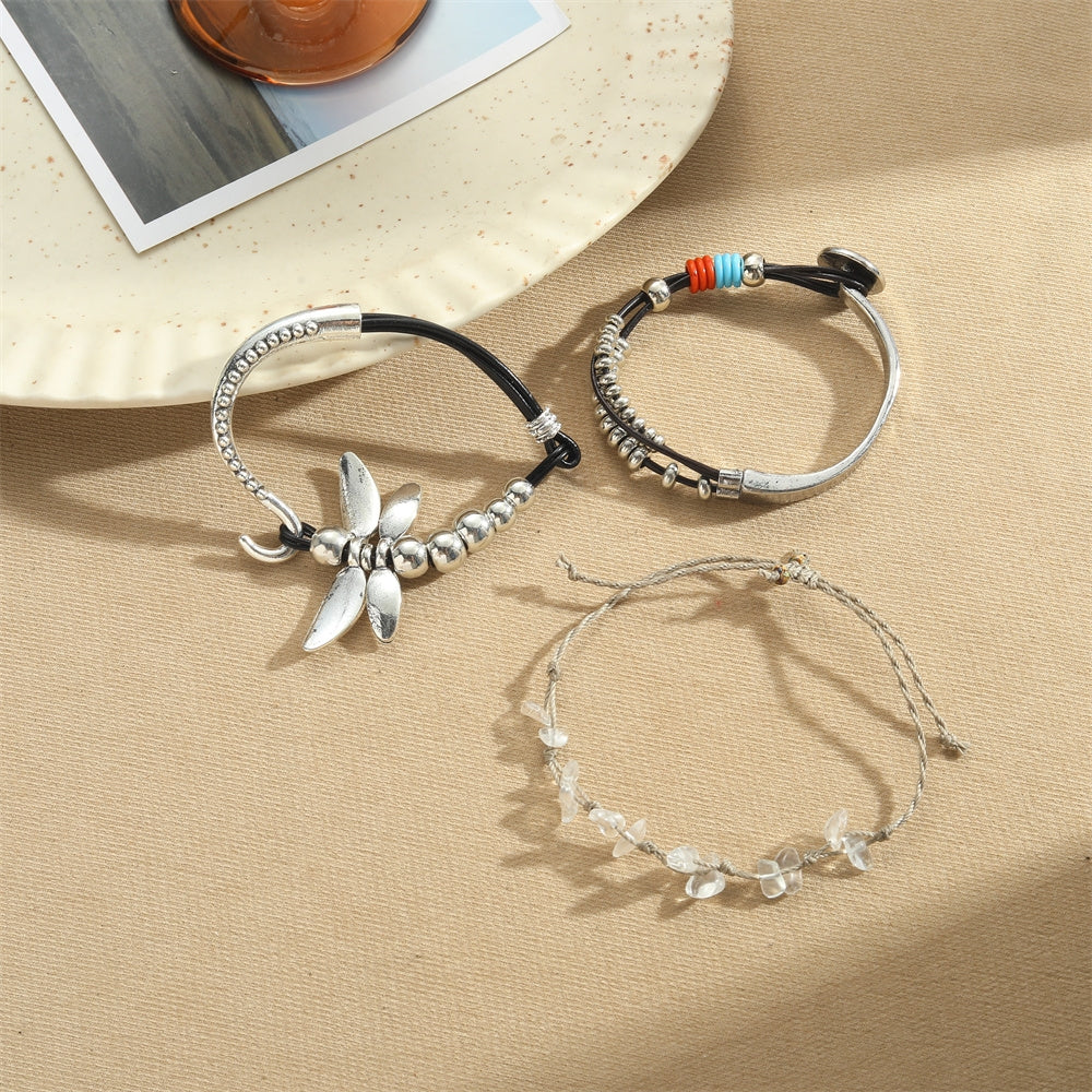 Elegant Vintage Geometric Dragonfly Alloy Cowhide Bangle Bracelet