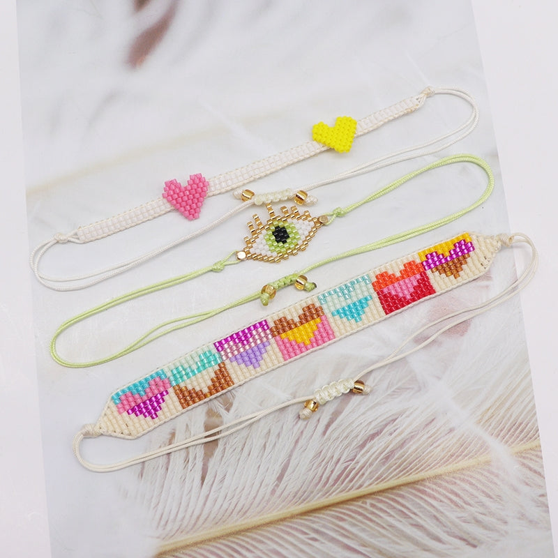 Elegant Vintage Devil's Eye Heart Glass & Colorful Miyuki Beaded Women's Bracelet Set