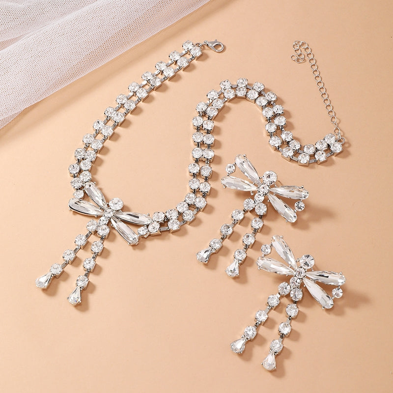 Elegant Bridal Bow Knot Rhinestone Necklace and Earring Set