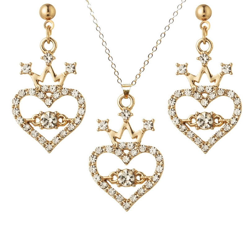 Elegant Heart Crown Rhinestone Necklace and Earrings Set for Women