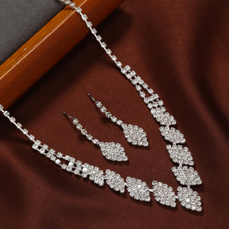 Elegant Bridal Rhombus Rhinestone Pearl Necklace and Earring Set