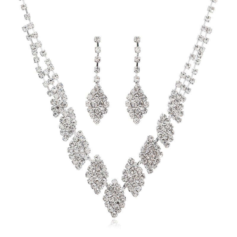 Elegant Bridal Rhombus Rhinestone Pearl Necklace and Earring Set