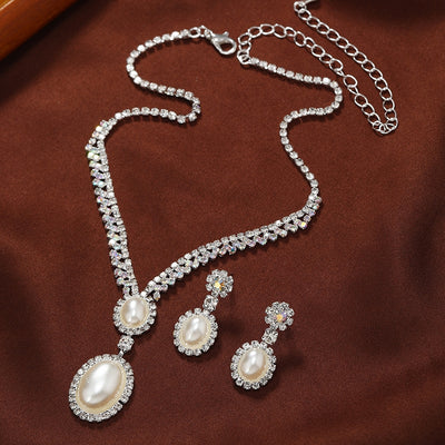 Elegant Bridal Jewelry Set with Flower Alloy Inlay and Rhinestone Necklace and Earrings