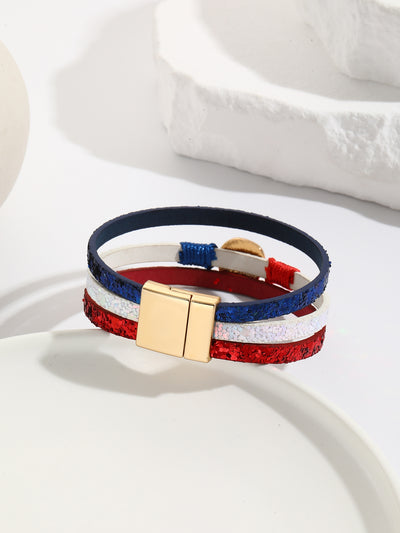 Ethnic Circle PU Leather Women's Bangle with Red, White, and Blue Magnetic Clasp