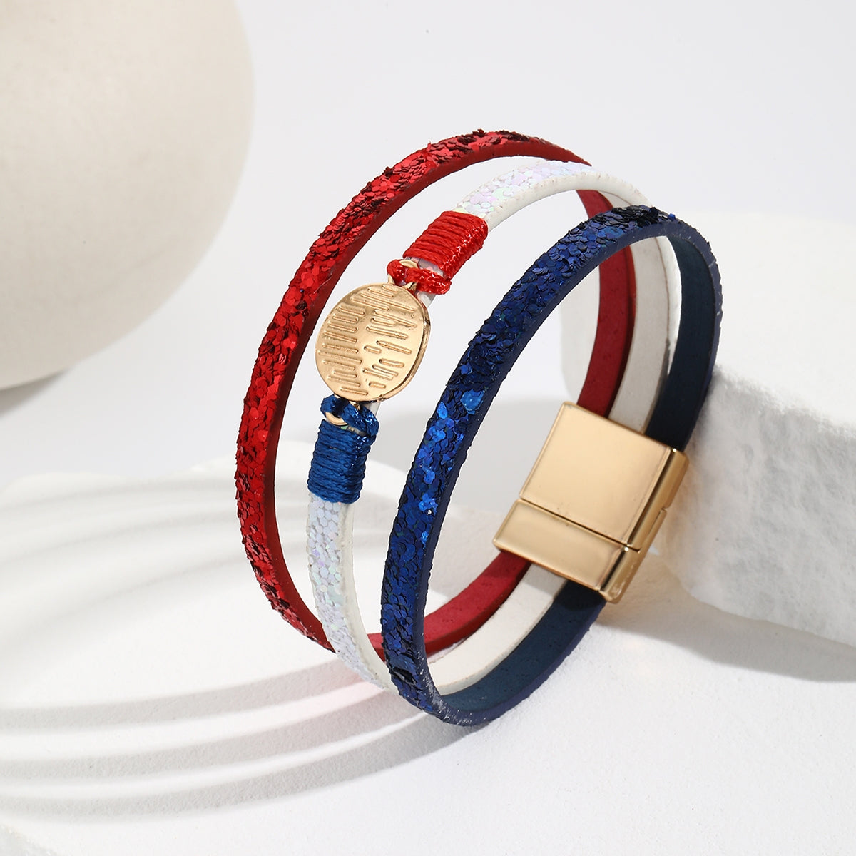 Ethnic Circle PU Leather Women's Bangle with Red, White, and Blue Magnetic Clasp