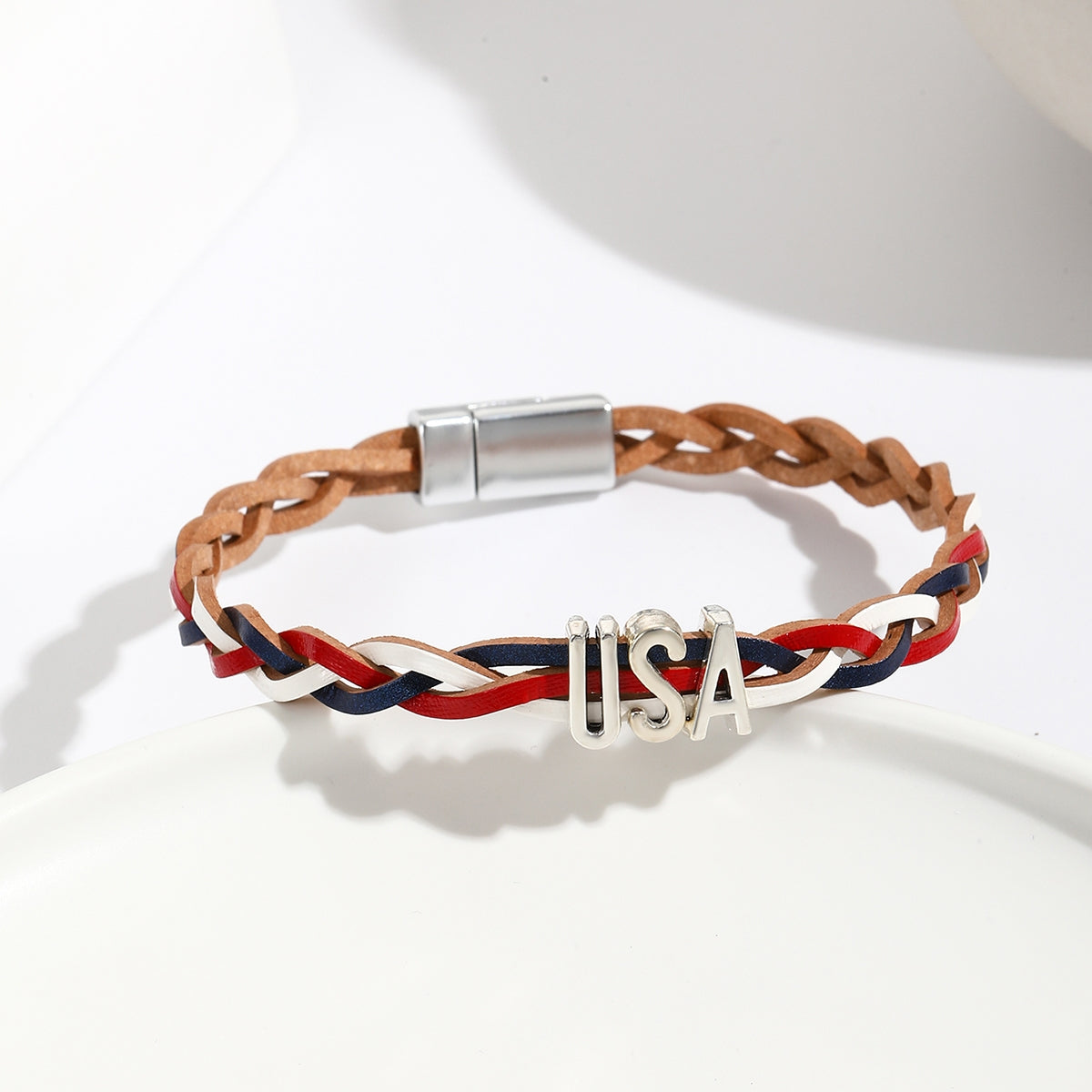 Ethnic American Flag Leather Braided Women's Bracelet