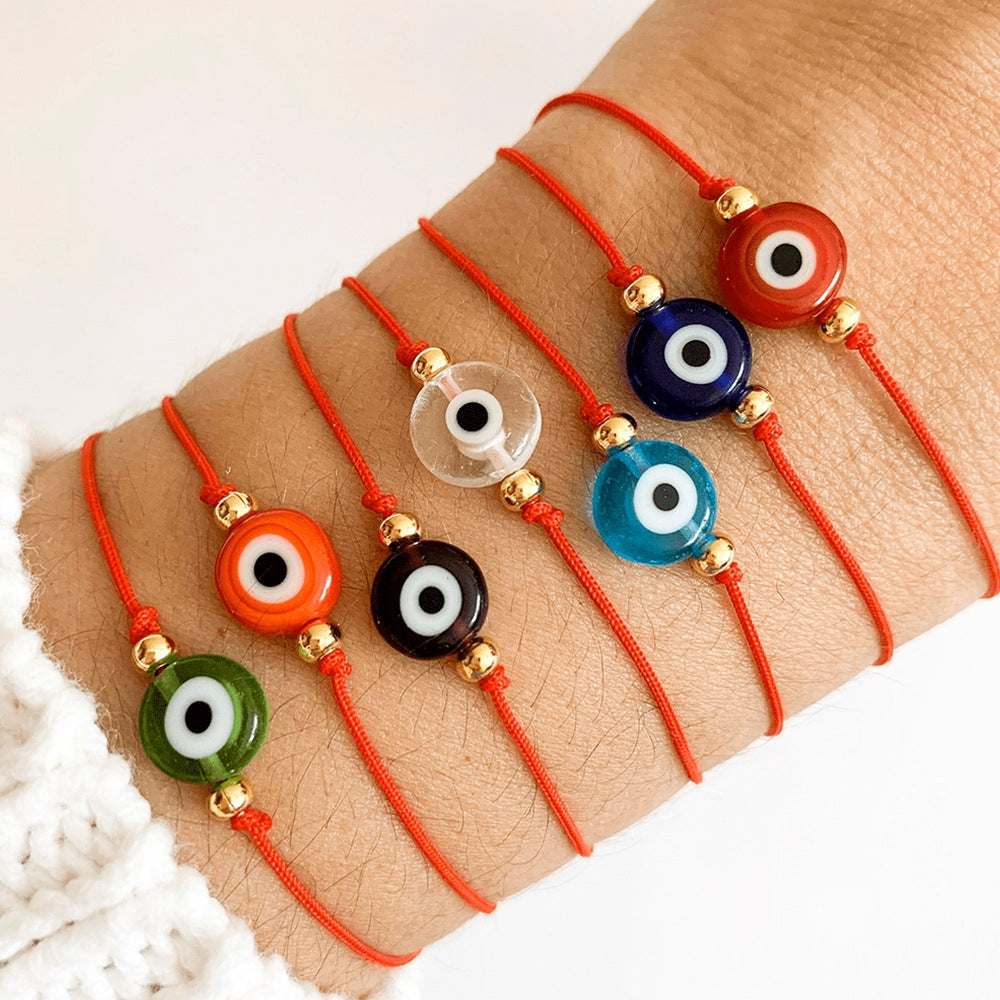 Ethnic Color Block Glass Rope & Evil Eye Adjustable Bracelet Set