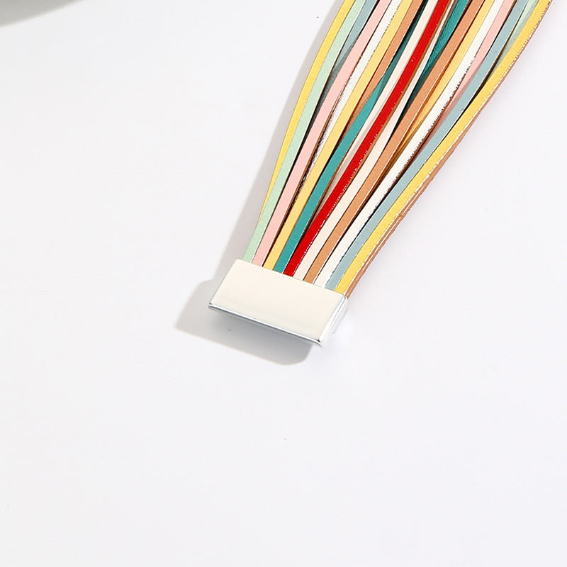 Ethnic Multi-Layer Colorful PU Leather Unisex Bracelet with Magnetic Buckle