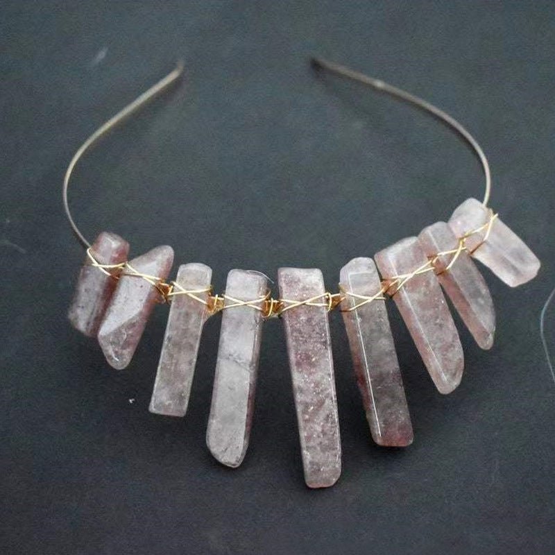 Ethnic Crystal Crown Handmade Hair Band with Natural Pink Quartz