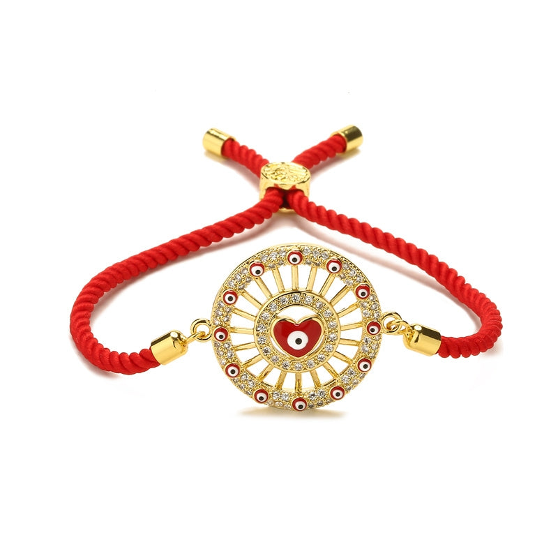 Ethnic Devil's Eye Heart & Hand Adjustable Bracelet in Gold and Red Cord