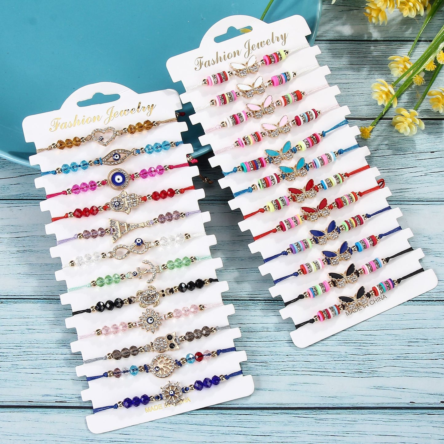 Ethnic Bohemian Evil Eye Butterfly Crystal Women's Friendship Bracelets Set - 12 Pieces