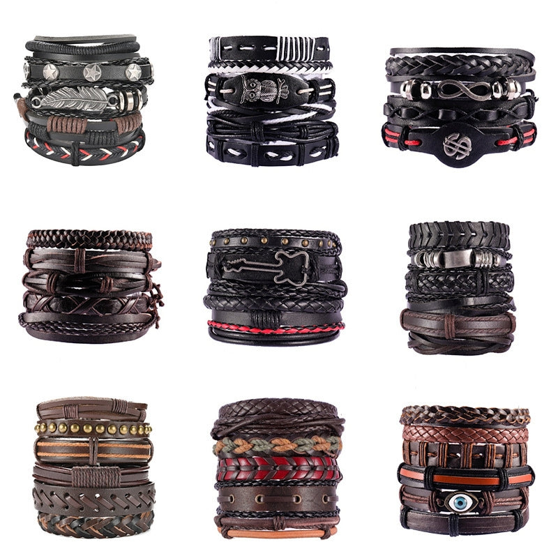 Ethnic Feather Alloy Patchwork Multi-Layer Leather Men's Bracelet