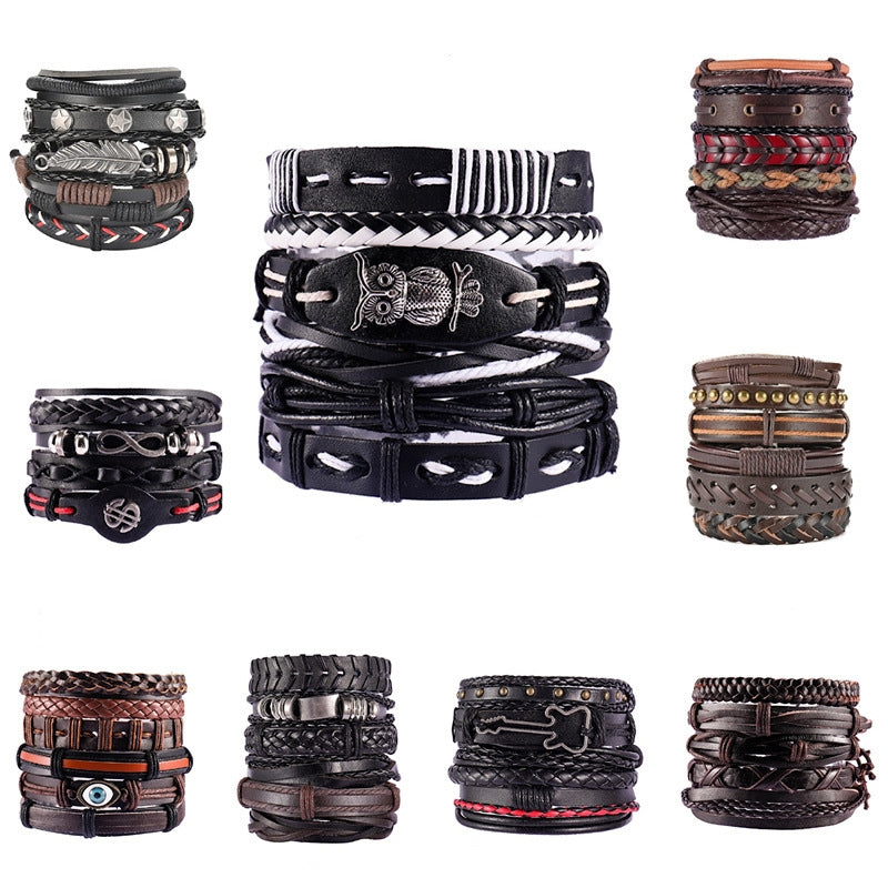 Ethnic Feather Alloy Patchwork Multi-Layer Leather Men's Bracelet