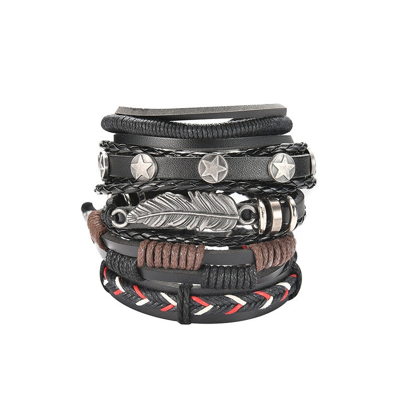 Ethnic Feather Alloy Patchwork Multi-Layer Leather Men's Bracelet