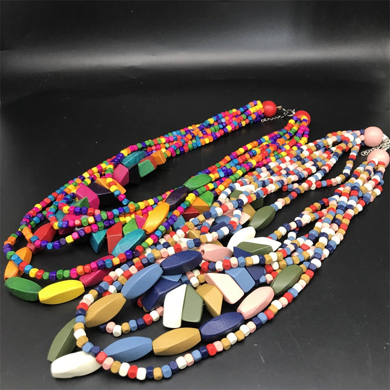 Ethnic Multilayer Colorful Beaded Wood Necklace