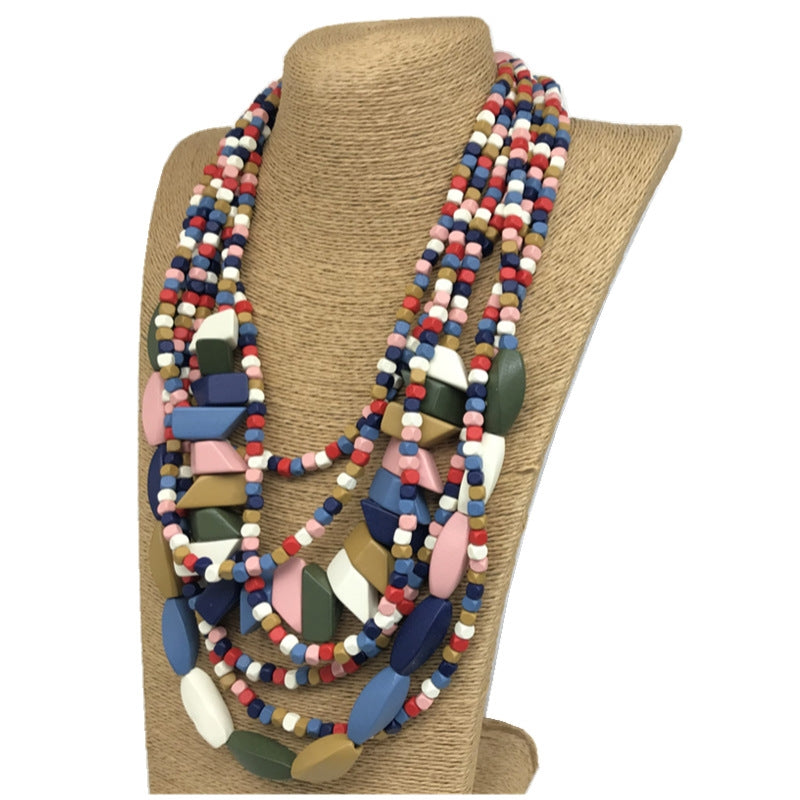 Ethnic Multilayer Colorful Beaded Wood Necklace