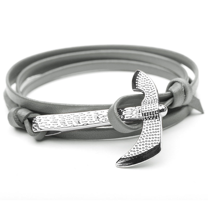 Ethnic Geometric Alloy Plated Unisex Bracelet with Leather Rope and Viking Anchor Axe Design