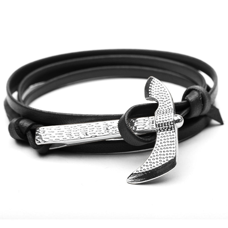 Ethnic Geometric Alloy Plated Unisex Bracelet with Leather Rope and Viking Anchor Axe Design