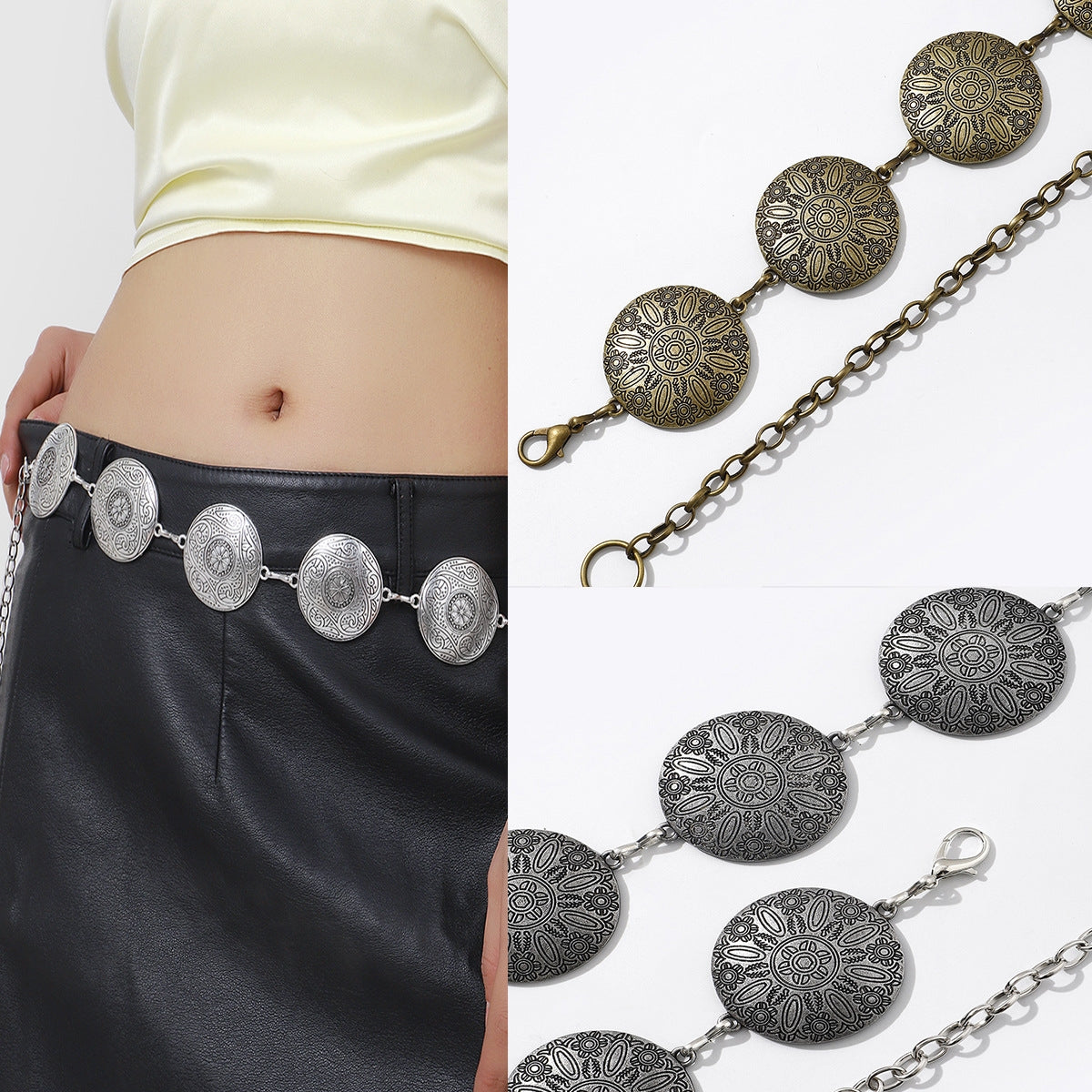 Ethnic Geometric Engraved Metal Chain Belt for Women