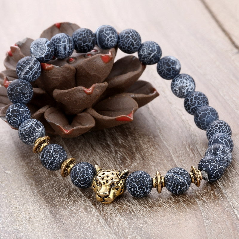 Ethnic Geometric Agate Beaded Bracelet with Alloy Leopard Head