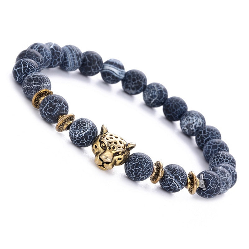 Ethnic Geometric Agate Beaded Bracelet with Alloy Leopard Head