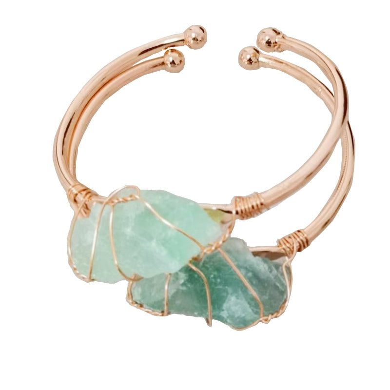 Ethnic Geometric Crystal Fluorite Wire Wrapped Bangle Bracelet