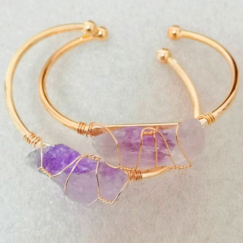 Ethnic Geometric Crystal Fluorite Wire Wrapped Bangle Bracelet