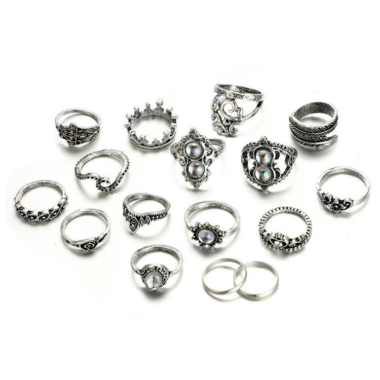 Ethnic Geometric Heart Crown Floral Alloy Gemstone Ring Set - 16 Pieces