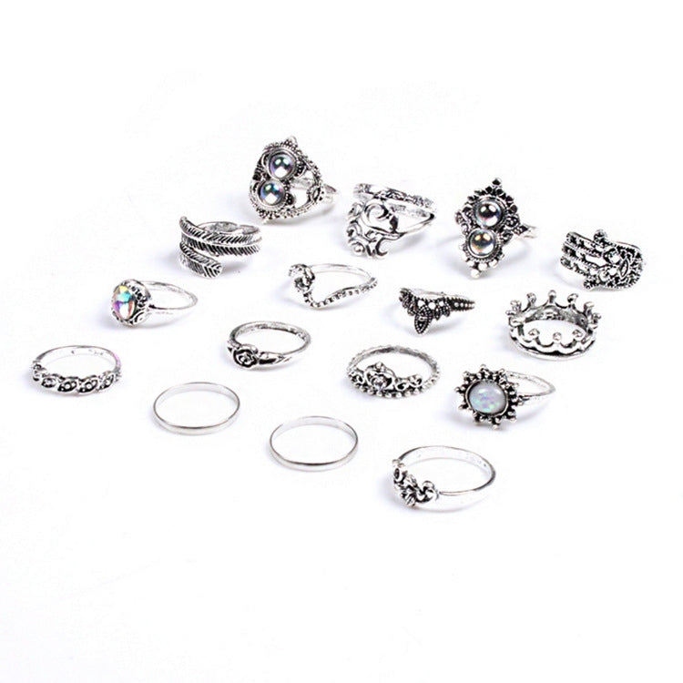 Ethnic Geometric Heart Crown Floral Alloy Gemstone Ring Set - 16 Pieces