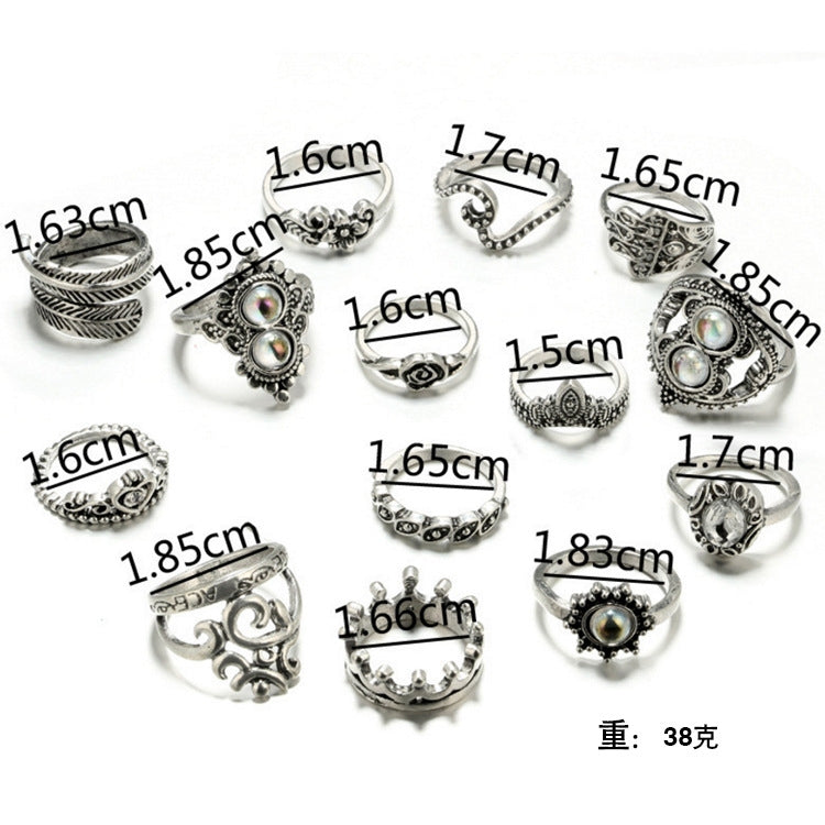 Ethnic Geometric Heart Crown Floral Alloy Gemstone Ring Set - 16 Pieces