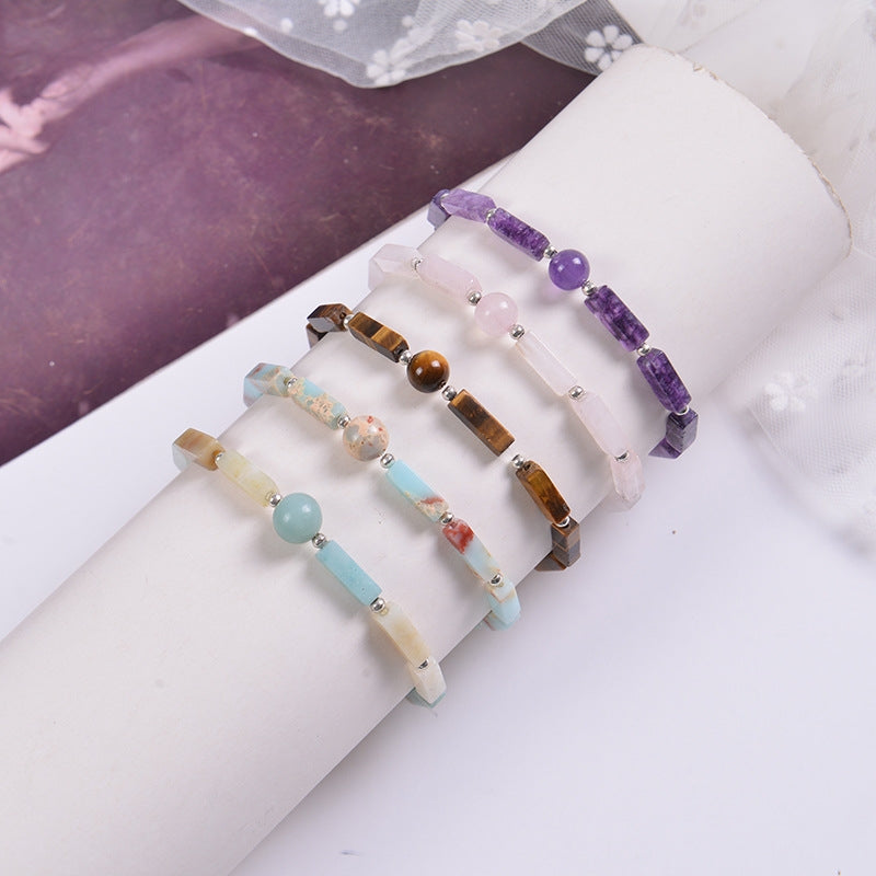 Ethnic Geometric Natural Stone Amethyst and Rose Quartz Beaded Stretch Bracelet