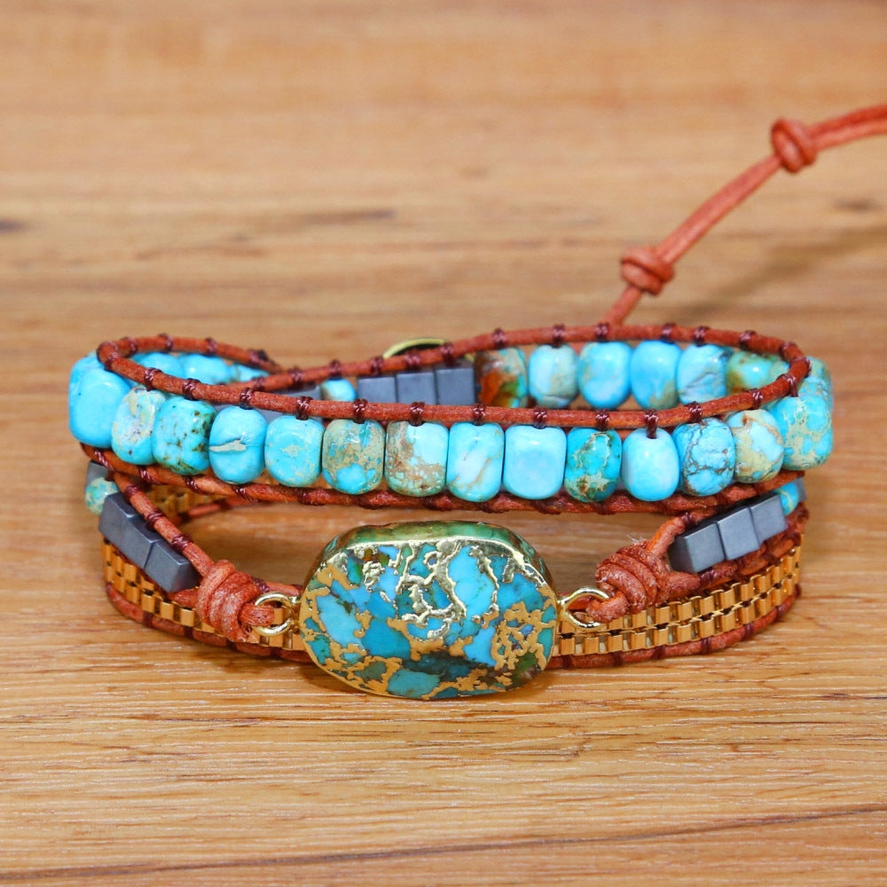 Ethnic Geometric Turquoise Beaded Chain Bracelet