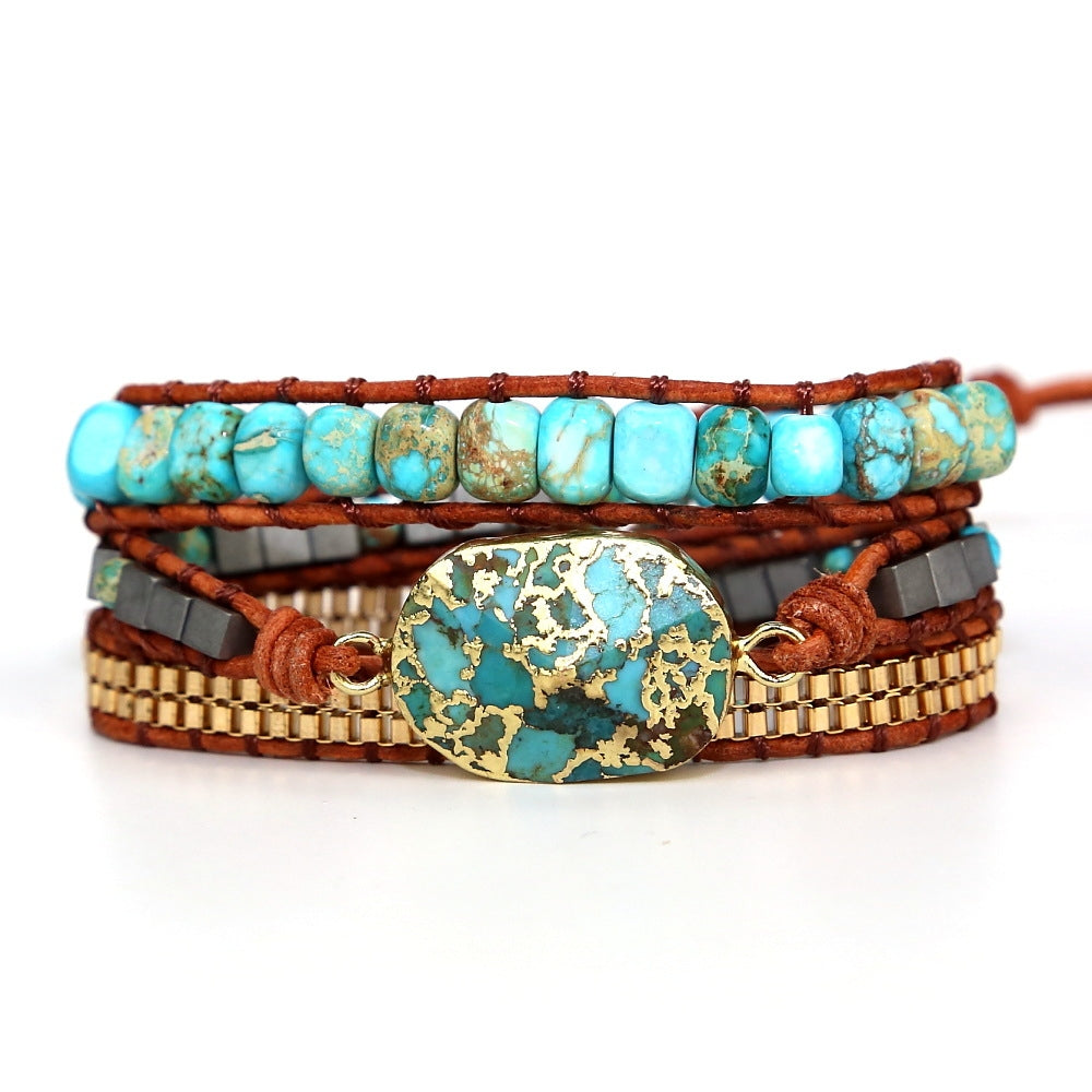 Ethnic Geometric Turquoise Beaded Chain Bracelet