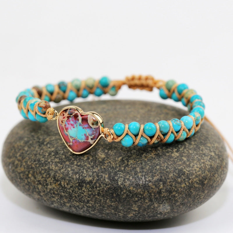 Ethnic Heart Shape Natural Stone Turquoise Knitted Couple Bracelets