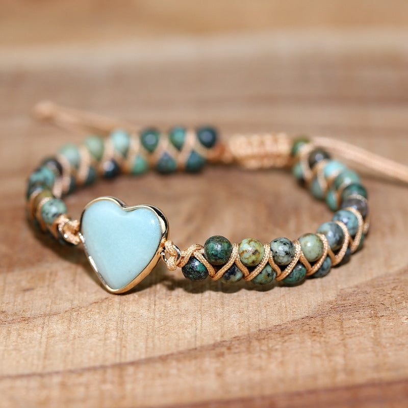 Ethnic Heart Shape Natural Stone Turquoise Knitted Couple Bracelets