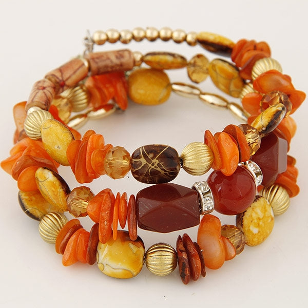 Bohemian Resin Beaded Layered Bangle Set with Agate and Shell Accents