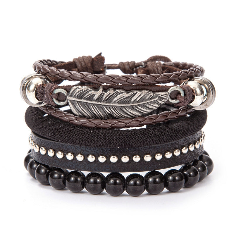 Ethnic Leaf PU Leather Alloy Braided Unisex Bracelet Set with Glass Bead DIY Kit